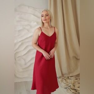 Flax Women’s 100% Linen Red Midi Dress V-neck with Slits on the side Size M